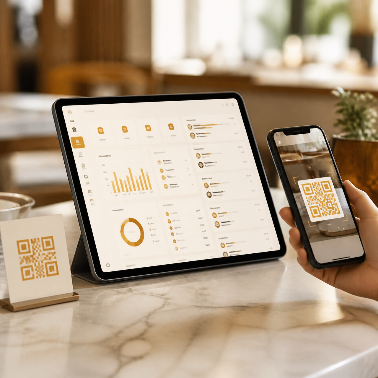 Tablette dashboard Restomatic à côté d'un smartphone scannant un QR code